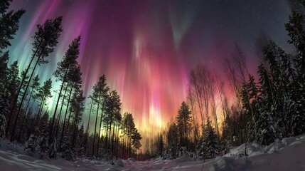 Obraz premium Spectacular Aurora Borealis Over Snowy Winter Forest 