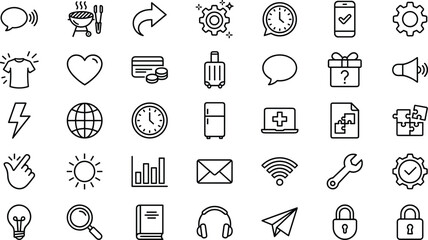 Line icons for lifestyle, communication, technology, interface design, productivity, vector, flat, minimal, black, white, clean, modern