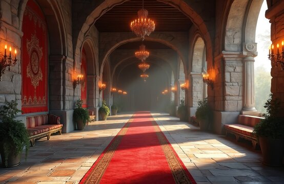 Medieval castle hallway with stone arches, long red carpet. Majestic palace interior with ornate chandeliers, candlelight. Sunlight illuminates path to throne room. Grand, opulent corridor inside