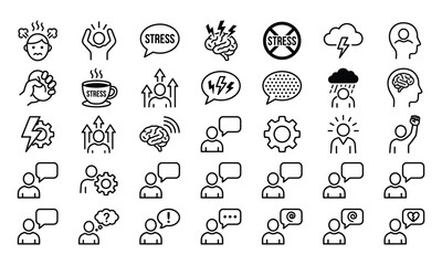 Fototapeta premium Line icons for stress, mental health, emotional expression, communication, wellness, vector, flat, minimal, black, white, clean, symbolic