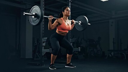 Fit woman performing barbell squats in a dark gym. Female athlete training legs with heavy weights. Strength and fitness concept - Powered by Adobe