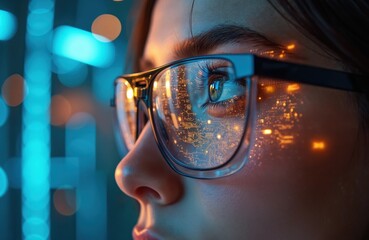 Person wears glasses reflecting digital circuit board with glowing lights. Futuristic technology vision in modern data science. Blue and orange digital background.