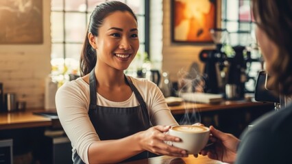 Smiling barista serving hot latte art coffee drink at cafe shop to customer service and hospitality job