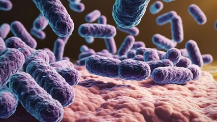 Microscopic view of rodshaped bacteria such as E coli moving and interacting with a surface illustrating microbial life and potential infections in a biological environment. - Powered by Adobe