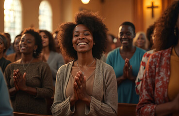 Obraz premium Congregation of black people prays in church. Women smile at worship service, believe in hope. Community is together at the event. Gospel values, faith and ministry at gathering.