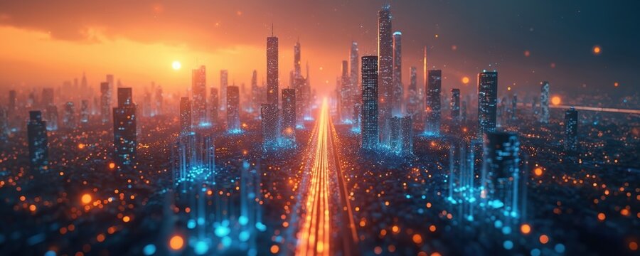 Night metropolis landscape with modern illuminated buildings. Smart city aerial view with neon lights. Futuristic urban digital design shows global tech, innovation in cyberpunk style. Shows speed,