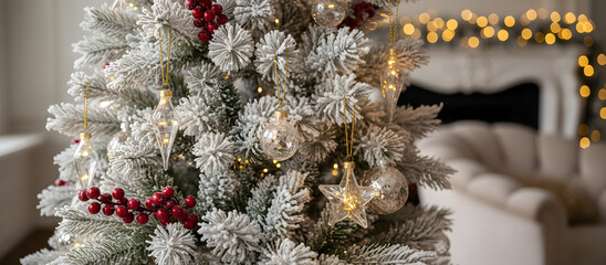 Christmas tree decorated with lights and ornaments in a cozy living room setting during the holiday season
