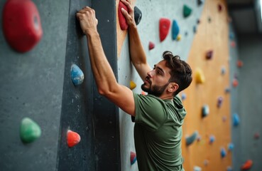Young athletic man climbs artificial rock wall in climbing gym. Muscular male boulderer trains grip strength, endurance. Focused guy in sportswear scales indoor cliff, gripping colorful holds for