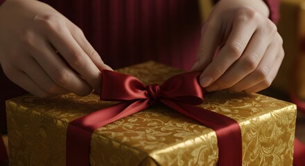Closeup of hands tying a red ribbon on a golden christmas gift box