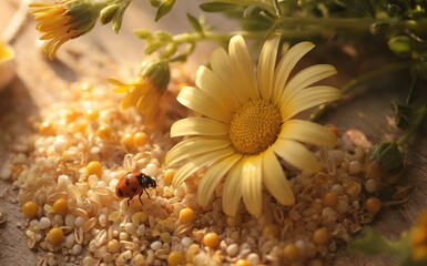 Red ladybug on mixed grain seeds, yellow daisy flower macro, sunny nature background, organic agriculture concept, beetle insect wildlife, closeup summer garden detail, farm harvest texture.