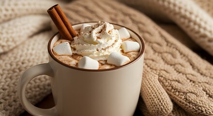 Cozy mug of hot chocolate topped with whipped cream and marshmallows