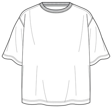 Mens boxy fit short sleeve crew neck t shirt flat sketch vector illustrator cad drawing