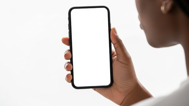 Stock photo of woman holding mobile phone with blank white screen for app ui ux design mockup template - Powered by Adobe