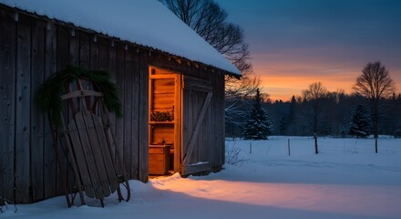 Rustic barn with sled and wreath at sunset