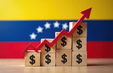 Venezuela economy crisis illustrated. Cubes with dollar symbol rise. Red arrow pointing up. Venezuelan flag on background. Hyperinflation risk, economy decline concept. Devaluation, business