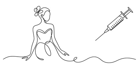 Minimalist continuous line art of graceful woman with flower, contemplating a medical syringe; representing cosmetic procedures and beauty aesthetics. Vector, illustration