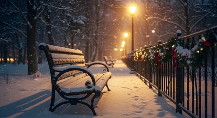 Snowy park bench illuminated by streetlights on a winter evening