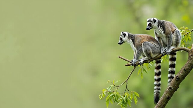 Two ring-tailed lemurs sitting on a tree branch looking around. Pair of wild primates with striped tails in nature. Green background with copy space