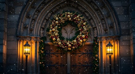 Christmas wreath on church door with falling snow