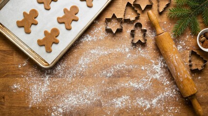 Christmas gingerbread cookies on baking tray with dough and flour