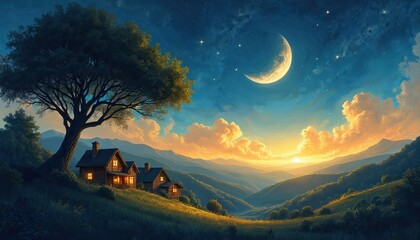 Naklejka premium Landscape with houses and large tree under half moon at starry night. Sunrise over mountain hills, idyllic scene. Night sky with clouds. Village houses with windows glowing in dark.