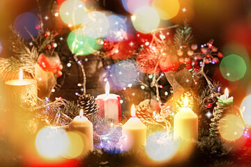 Christmas background with candles, Christmas night, Christmas and New Year background with candles and bokeh lights