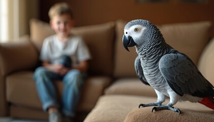 African Grey parrot perches on comfy brown sofa. Young boy sits blurred in background. Pet bird shares casual moment with kid in cozy home living room. Animal, child bond, creating peaceful domestic
