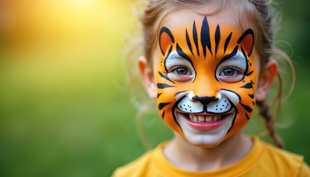Happy child with tiger face painting smiles in park. Young girl wears yellow tshirt with painted tiger makeup. Kid enjoys holiday in jungle summer amusement park event.