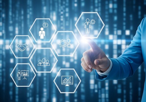 Businessman touching a digital interface with business icons