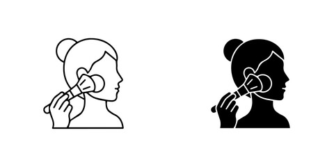 Woman applying makeup with a brush, beauty routine and cosmetic application icon set