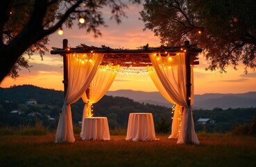 Outdoor sukkah tent decorated with warm string lights. White curtains softly drape. Two small tables stand ready for special meal event. Golden sunset sky creates peaceful, festive atmosphere. Hills,