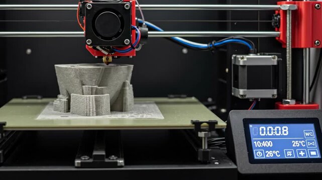 3D printer in action creating a plastic model. Close-up of extruder nozzle and digital display screen showing progress. Additive manufacturing and rapid prototyping concept