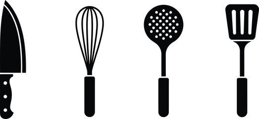 Silhouette Kitchen Utensil Vector Set Knife, Whisk, Spoon and Spatula Cooking Icons
