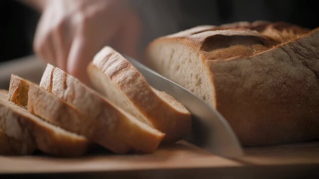 Slicing Fresh Artisan Bread on Wooden Board in Kitchen Close-Up, Food Preparation, Home Environment