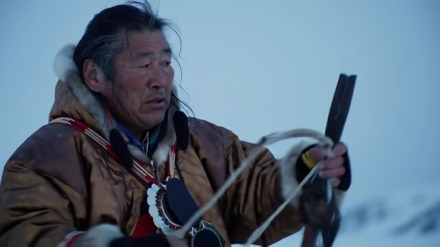 A man in a fur-trimmed parka uses a tool with a cord in snowy tundra. He's focused and appears to be working