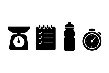 Fitness essentials: kitchen scale, checklist, water bottle, stopwatch icons.