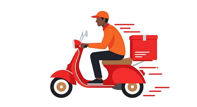 Delivery person riding a red scooter with a package on the back fast service concept