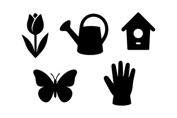 Gardening icons: tulip, watering can, birdhouse, butterfly, hand glove silhouettes.