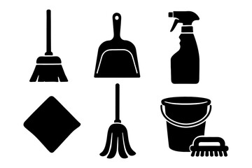 Cleaning tools silhouettes: broom, dustpan, spray bottle, mop, bucket, brush icons.
