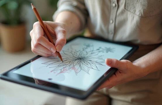 Artist draws flower on graphic tablet with pencil stylus. Person creates digital art design on screen. Freelancer works on creative project at home office.