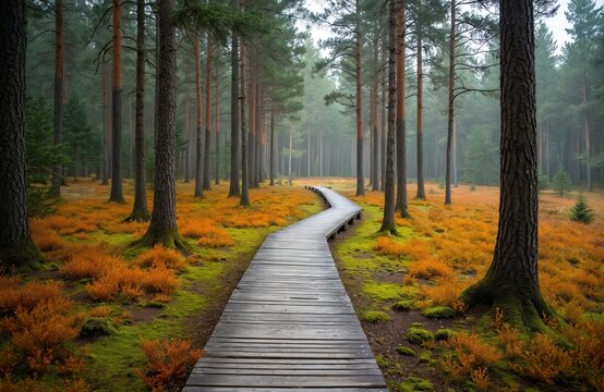Scenic forest path with wooden bridge leads through the trees. Landscape autumn forest with yellow grass and green moss. Tranquil nature scene invites for walking and hiking in wild forest.