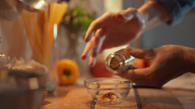A person carefully adds spices to a small bowl while preparing a marinade sauce. The kitchen is warm and inviting, perfect for creating a delicious meal, showcasing culinary skills