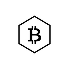 Black bitcoin symbol in a hexagon, representing digital currency, blockchain, and financial technology, isolated on