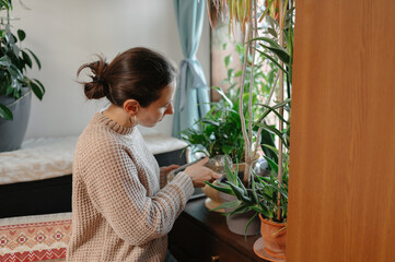 woman tending indoor plants on windowsill styling collection with watering can and pruning shears, warm