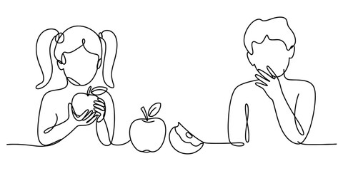 Minimalist continuous line art of a girl holding an apple, with a whole and sliced apple, next to a boy, symbolizing healthy eating and diet. Vector, illustration