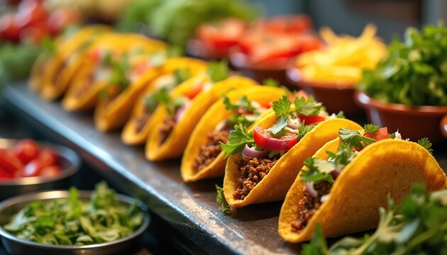 Row of fully dressed tacos with various fresh ingredients like lettuce, tomatoes, onions, and cilantro. Toppings are in bowls behind the colorful Mexican food. Customizable meal setup.