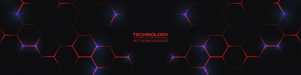 Hexagon technology black and red colored honeycomb wide abstract background. Vector illustration