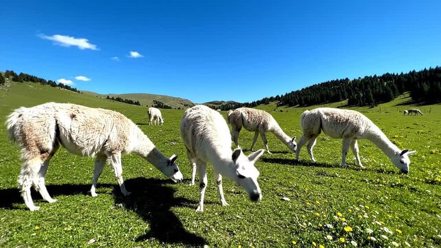 Herd of llamas grazing in lush green mountain pasture under bright blue sky