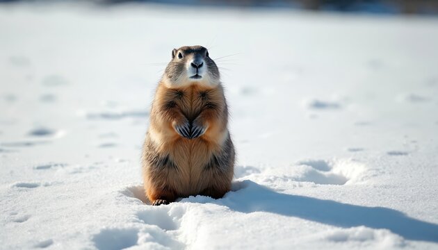 Groundhog stands on snow during Groundhog Day. Rodent observes nature landscape on winter day. Wild animal is curious in cold weather. Ground hog looks at the photographer at snowy field.
