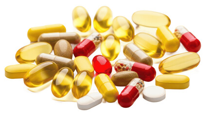 Group of yellow fish oil softgel capsules or vitamin supplements isolated on transparent PNG background